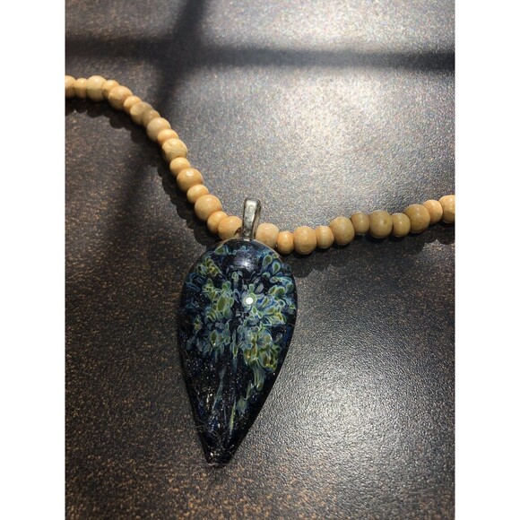 Boro Art Glass Pendant On 19" Wooden Bead Necklace Boho Style Artisan Made 2008 - Picture 5 of 14